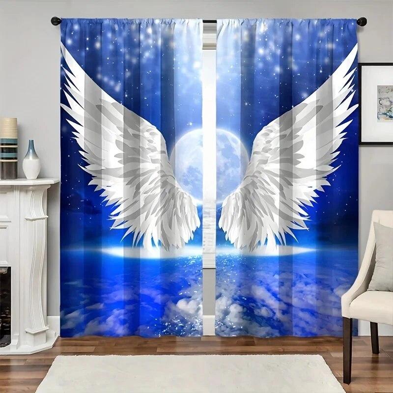 3D Digital Printing Cheap Modern Angel Wings Black And White Shading 2 Panels Window Curtain For Bedroom Living Room Home Decor