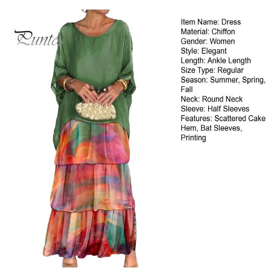 Abendkleid, mehrlagiges, verstreutes Kuchensaum, Kontrastfarbdruck, Maxikleid mit halblangen Ärmeln, Fledermausärmeln, weites Chiffonkleid mit Rundhalsausschnitt für Party und Abschlussball