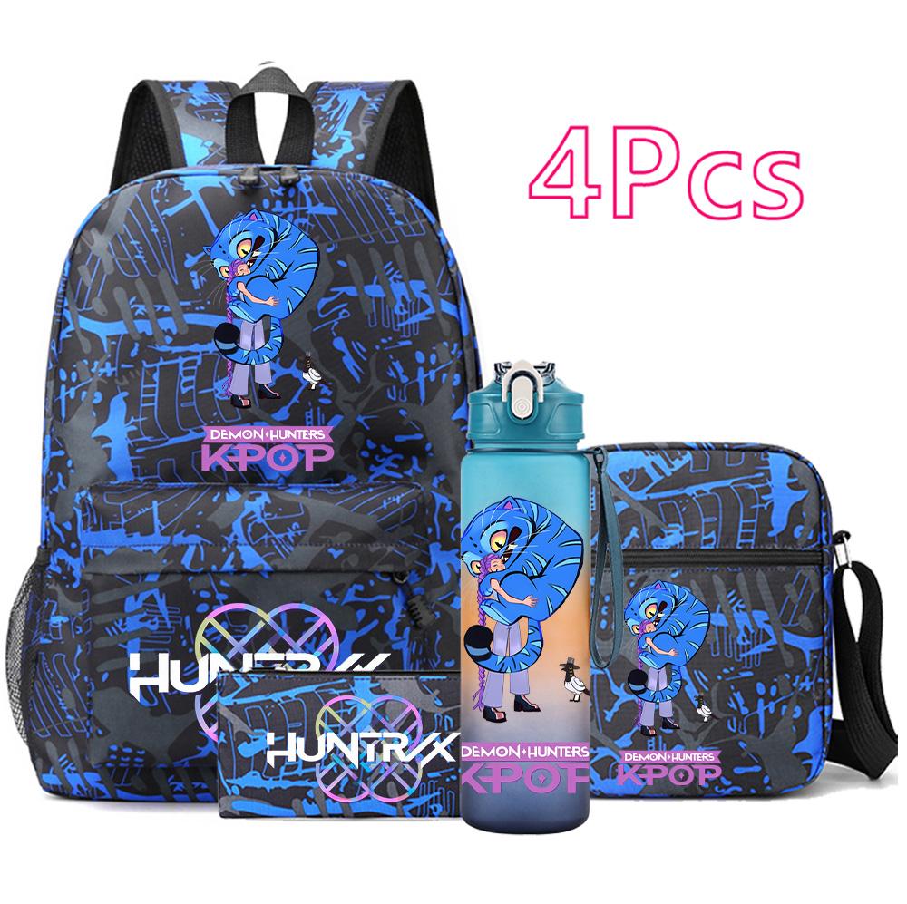 4Pcs/set Anime K-Pop Demon Hunters Printed Backpack Bookbag Shoulder Bag Case Bag with 750Ml Water Bottler for Boy Girl Large Capacity Schoolbag
