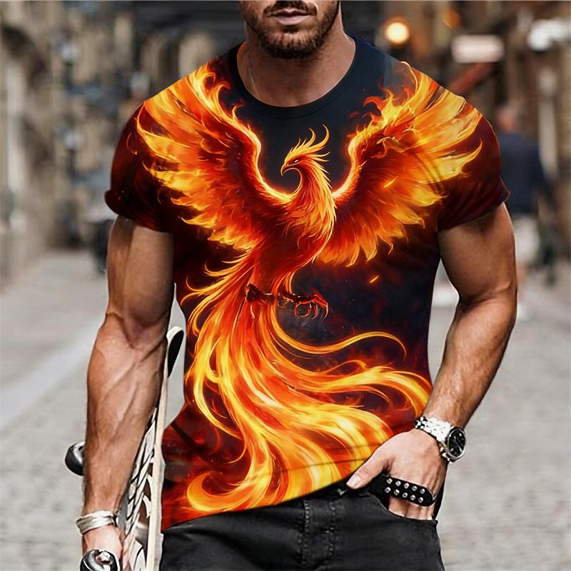 Fantastica T-shirt con Stampa Fenice Fiammeggiante da Uomo Personalità Cool Streetwear Manica Corta T-shirt Harajuku Tendenza Maglietta da Uomo