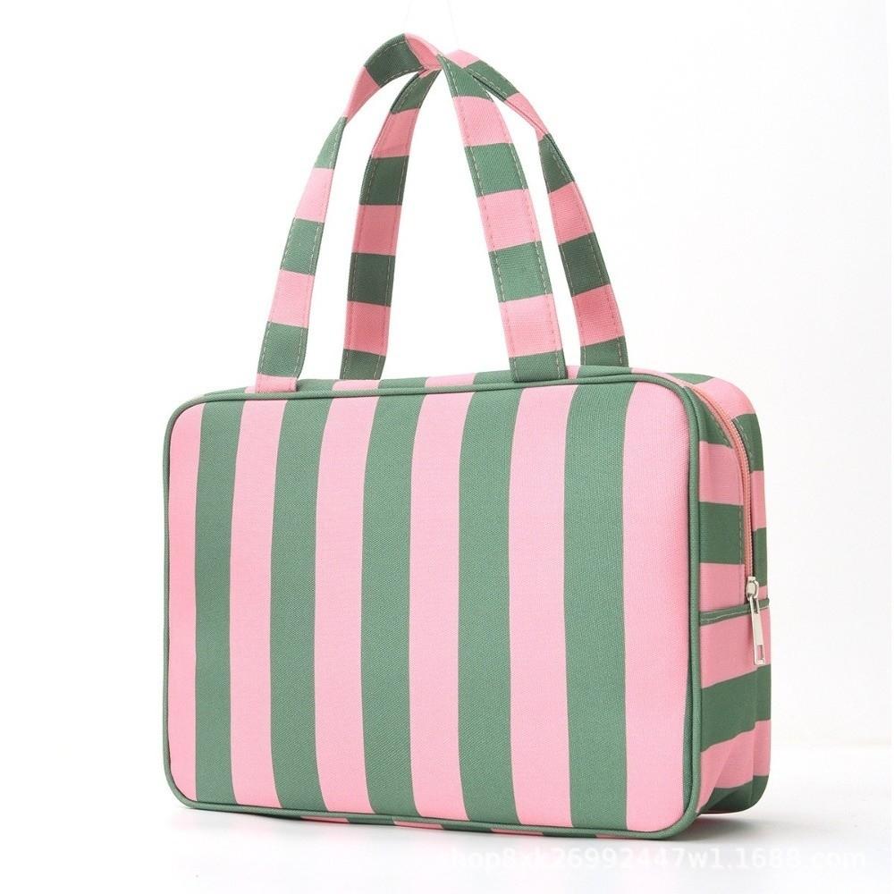 Large Capacity Travel Makeup Bag Collapsible Cosmetic Pouch Striped Toiletry Storage Bag Daily Use