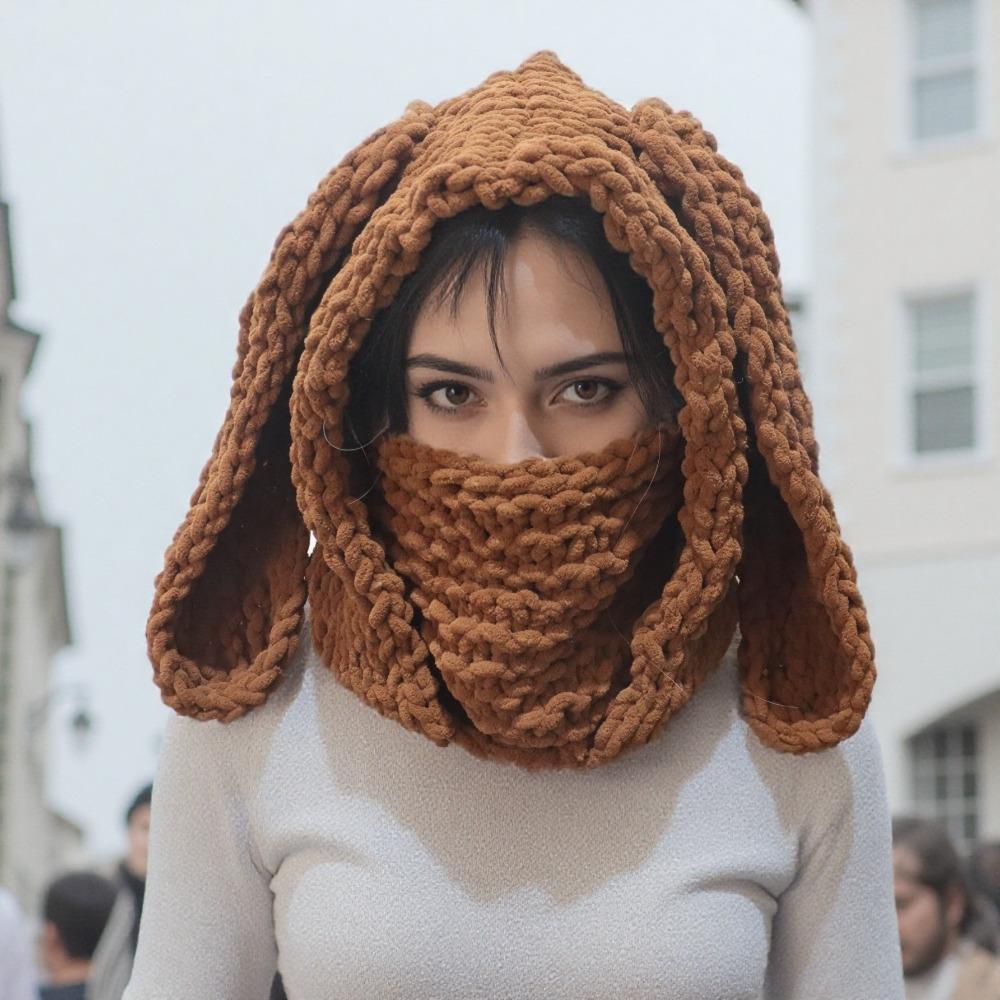 Cute Bunny Ear Balaclava Knit Warm Hooded Scarf Beanie Hat Crochet Skull Cap Collar Neck Cover Pullover Ski Mask Slouchy Hat