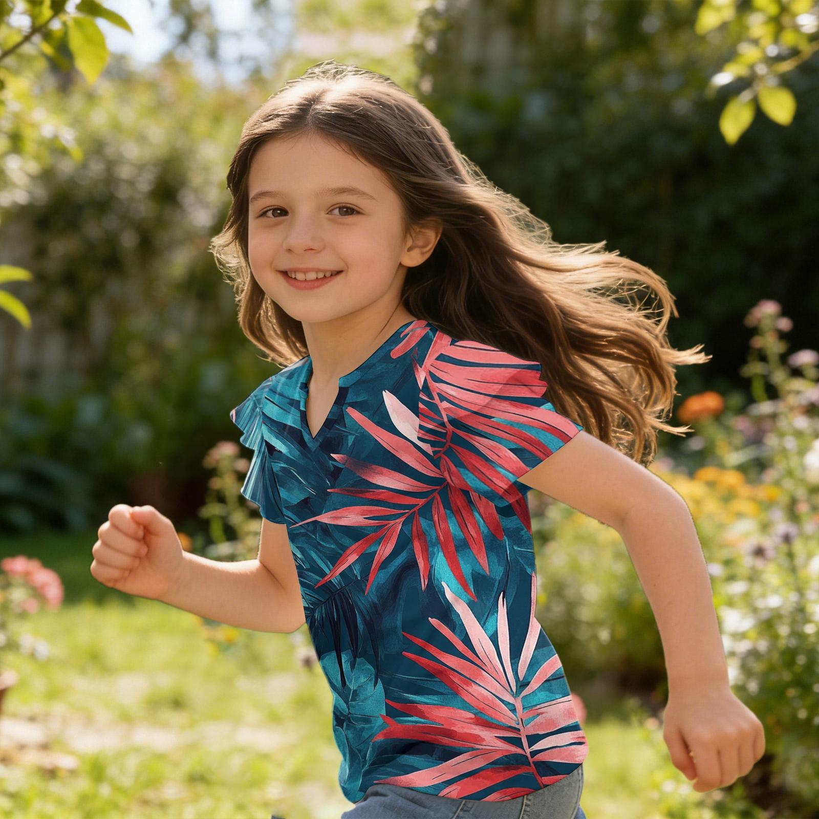 Girls V Neck Ruffle Sleeve Hawaiian Print Short Sleeve T Shirt Casual Blouse Lightweight Summer Top for Kids 120