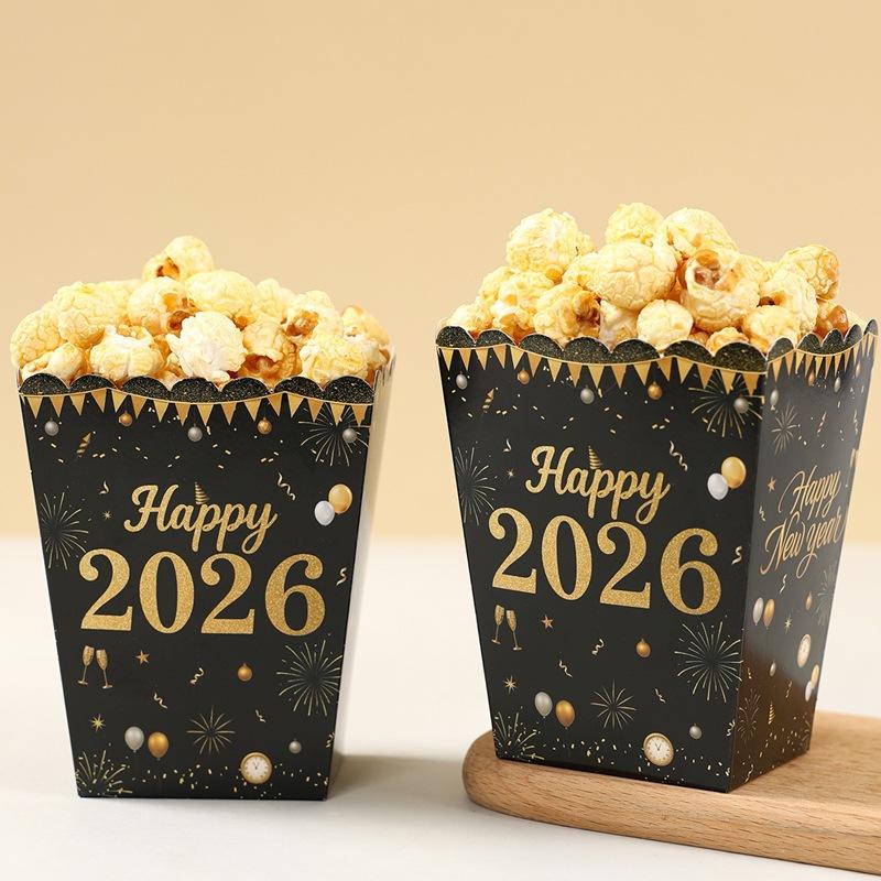 10Pcs Happy New Year 2026 Theme Party Decor Fireworks Popcorn Box Candy Cookie Packaging Boxes For Movie Night Party Decor