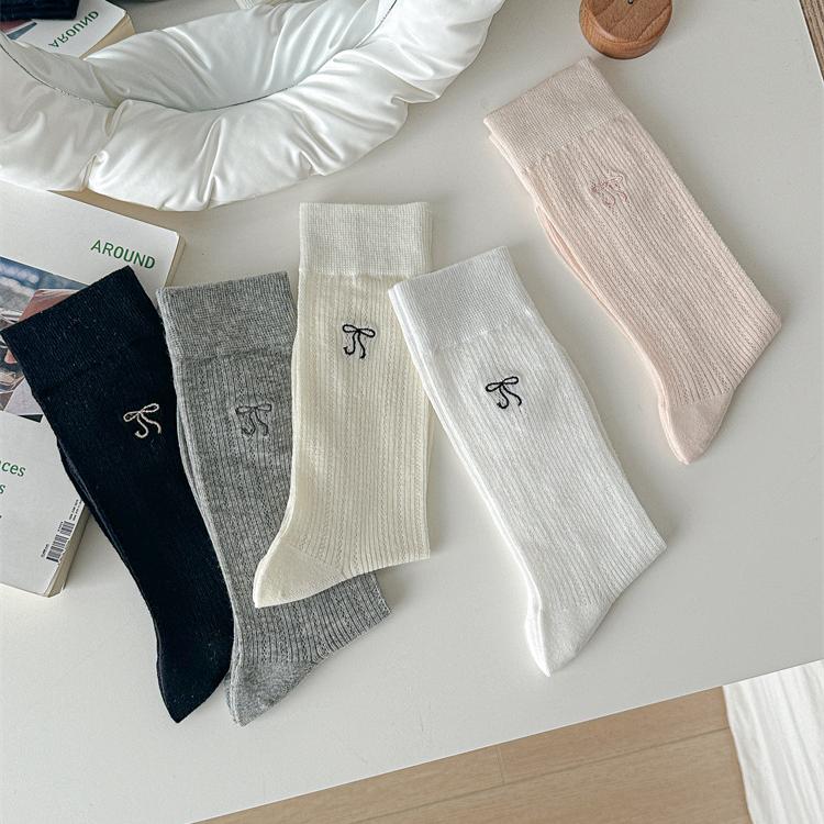 Women Socks Hollow Out Mesh Breathable Black White Gray Long Socks Cute Bow Embroidery Sweet Girls Kawaii Middle Tube Socks Sox