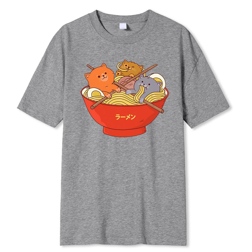 Japanese Style Cute Cats In Noodies Bowl Printed T Shirts Men Breathable Loose Clothing Casual Tshirt