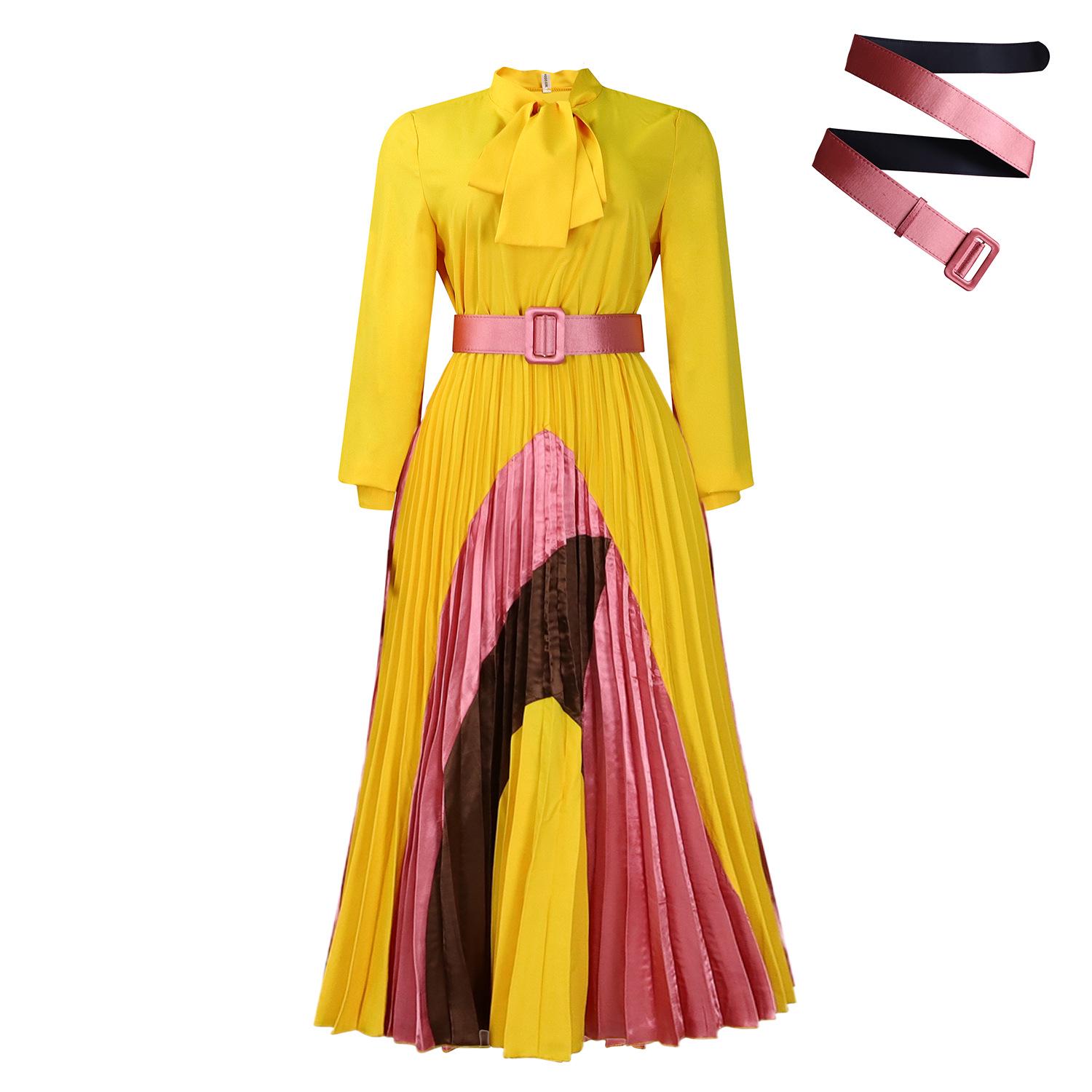

2024 Autumn Plus Size Elegant Color-Blocked Pleated Lace-Up Dress S