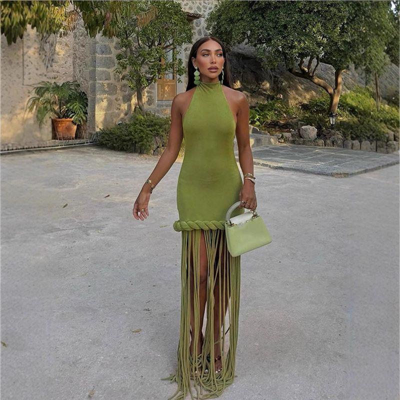 Niche Designer Dress with Tassel Hem and Halter Neck, Backless Dress, 2025 Autumn New Model, Cross-Border European and American Style