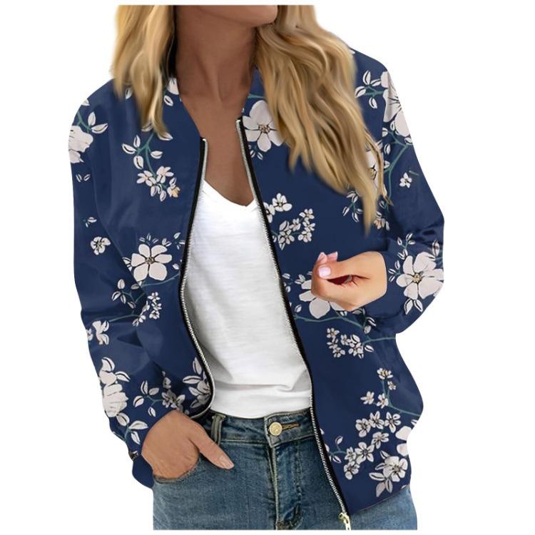 Fashionable Women Long Sleeve Casual Jacket Floral Leaf Print Round Neck Zipper