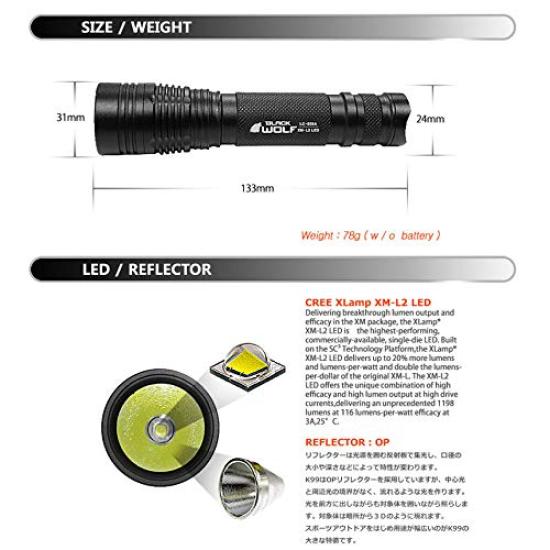 BLACKWOLF 900 Lumens Cree Rechargeable LED Handheld for Bike and Work 18650 XM-L2 Flashlight, Compact, Powerful, Waterproof, Use, Lithium-ion Battery,