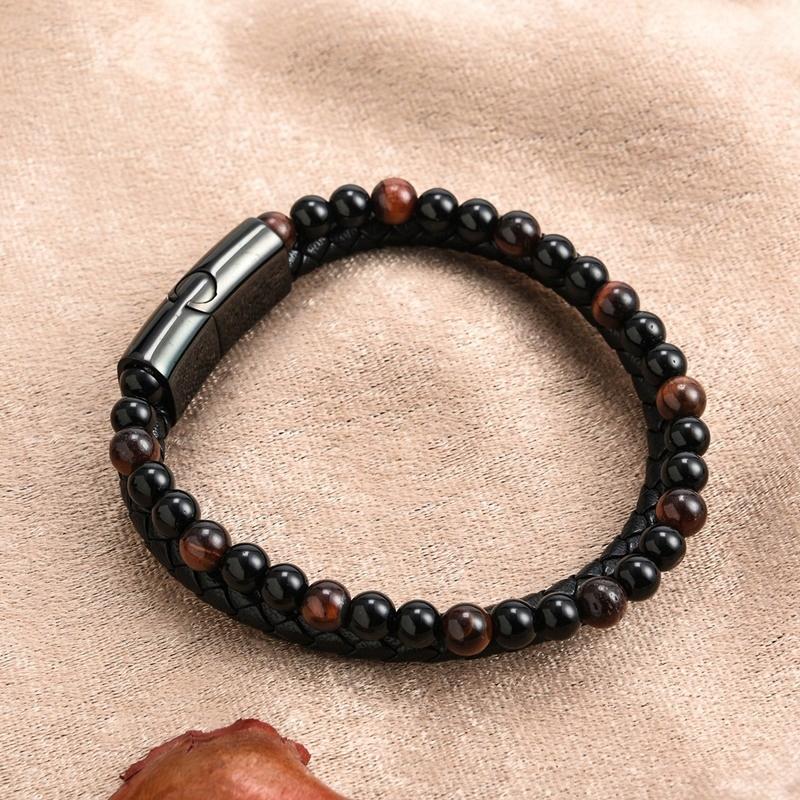 Black Leather Men's Braided Bracelet with Tiger's Eye Natural Stone
