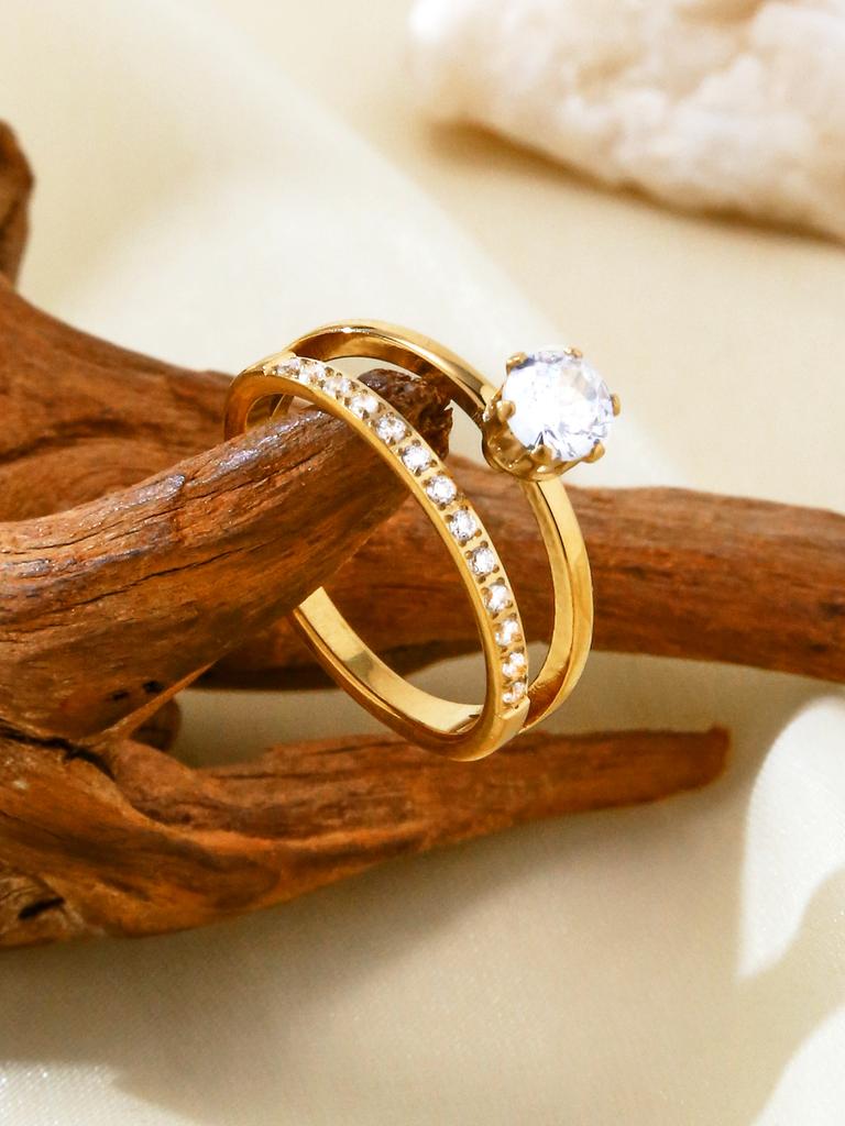 Japan And South Korea Niche Design Light Luxury Temperament Stainless Steel 18K Gold-Plated Diamonds Double Layer Ring Female