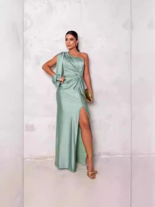 2026 Summer New European and American Women's Clothing Diagonal Collar Shoulder Sleeve Pleated Waist Split Sexy Dress