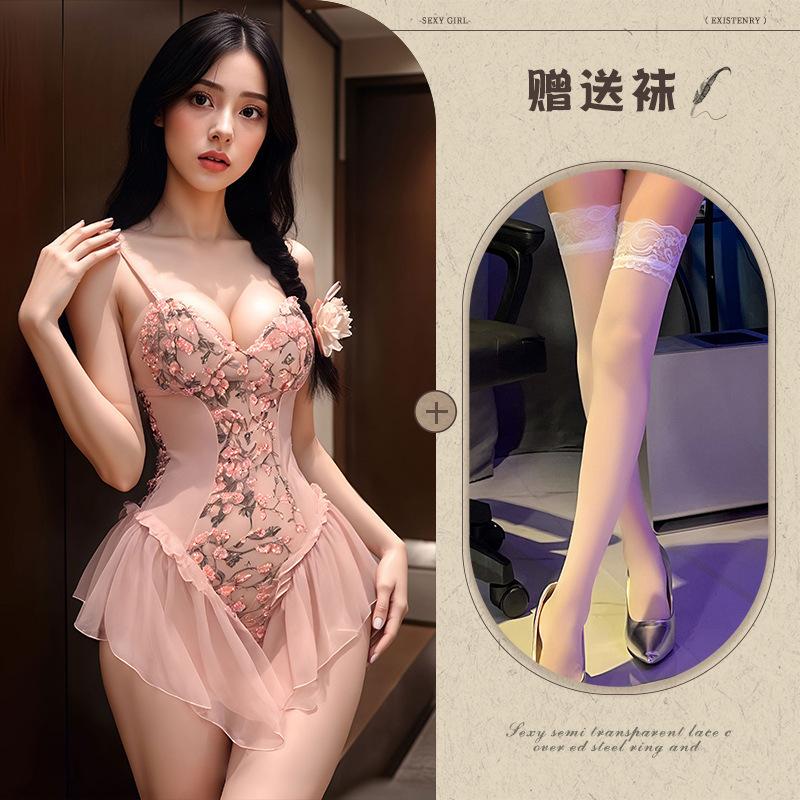 Sexy underwear elegant suspenders embroidery want to tie floral mesh straps tight onesies slim gathering