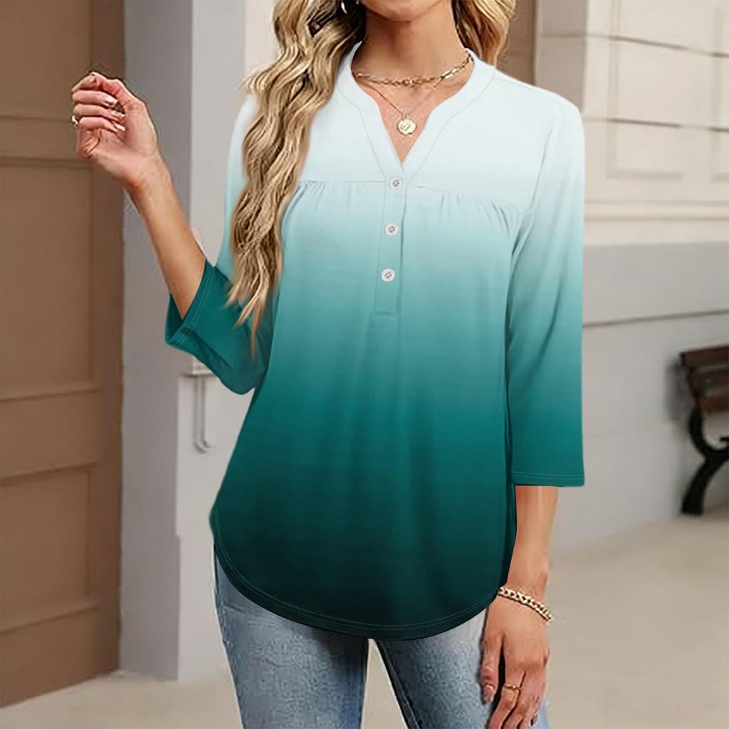 Modisches lässiges Damen-T-Shirt-Top mit Farbblock-Gradienten-Print, V-Ausschnitt, Knopfleiste und Dreiviertelärmeln