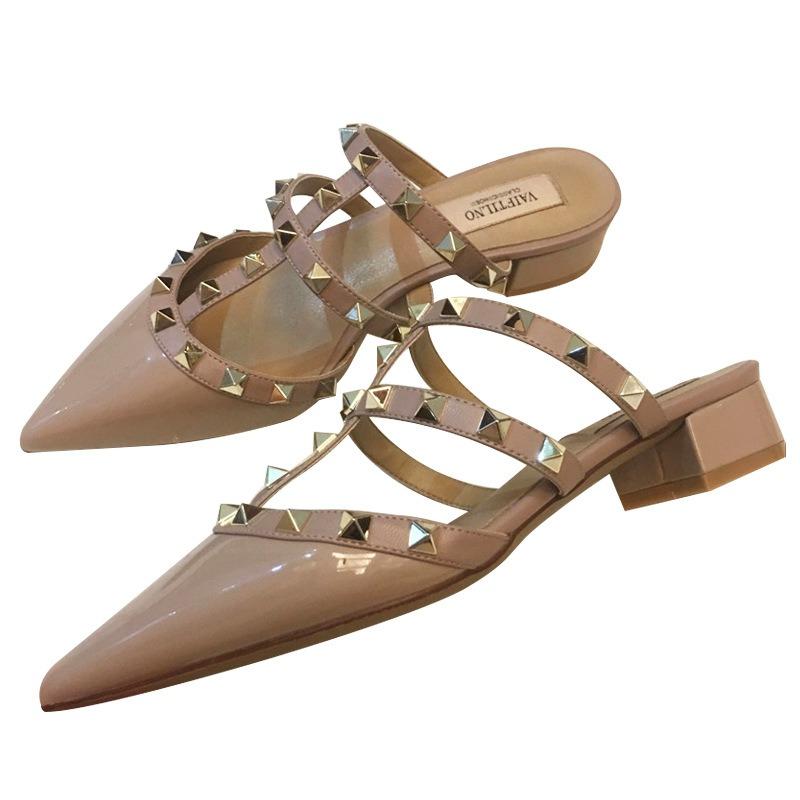 Spring and summer new rivets patent leather thick heel pointed head middle heel bag head lazy versatile half drag wear sandals women's shoes