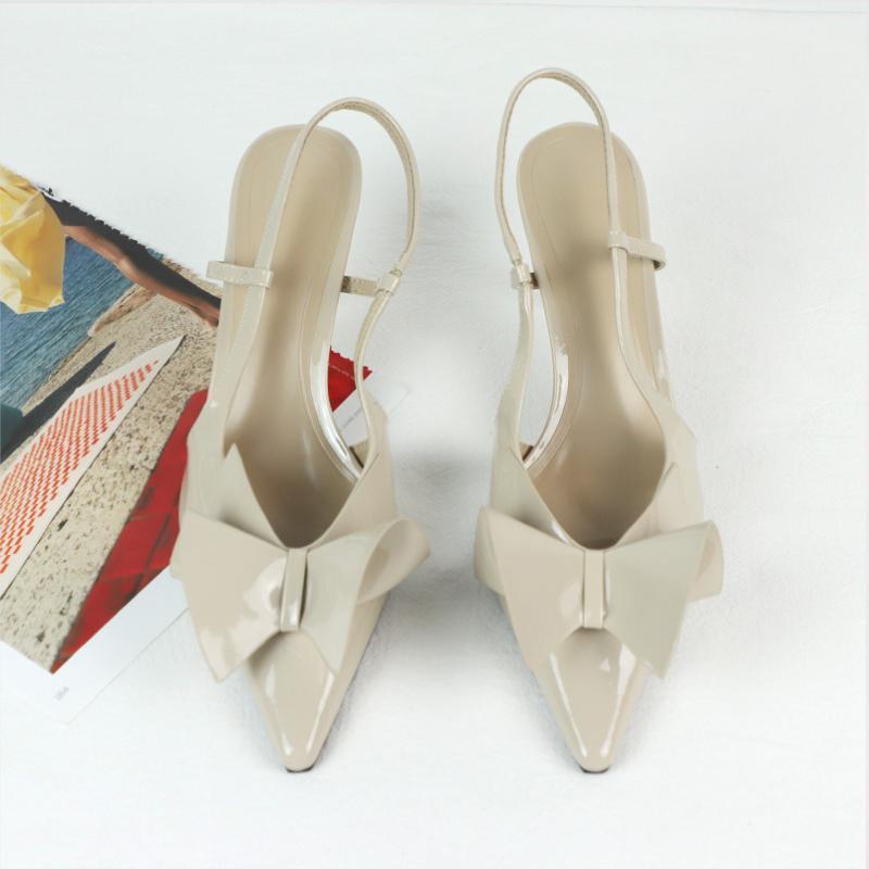 Mode High Heels Damen Sommer Sandalen Beige Lackleder Büro Arbeit Stiletto Schuhe Luxus Dramatische Schleife Party Abschlussball Damenschuhe