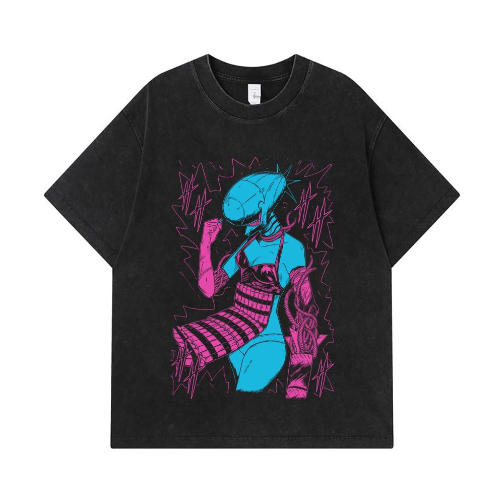 275 GSM Washed T-shirts 100% Cotton Chainsaw Man V12 Reze Print Unisex Heavy Cotton T Shirt