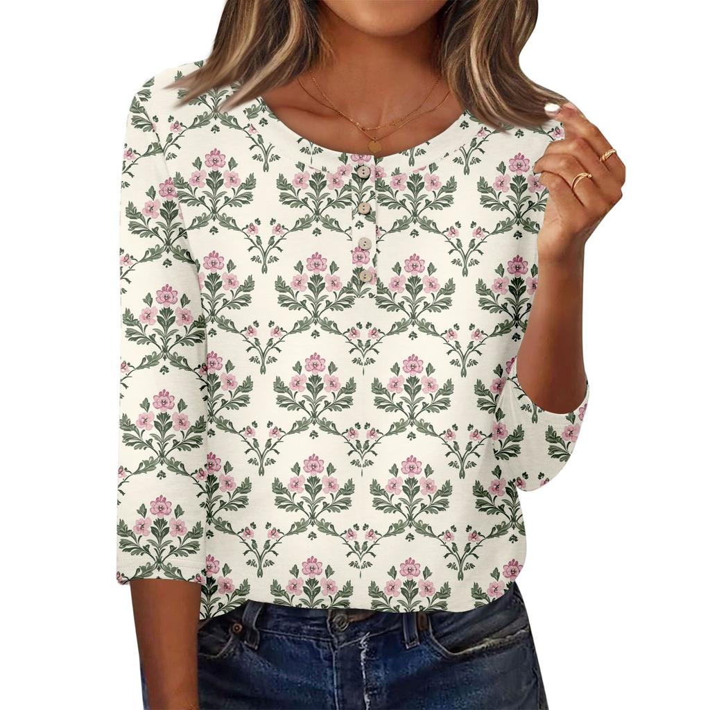 3/4 Sleeve Shirts For Women Button Down Shirt Top For Women Half Button Down Print Graphic Blouse