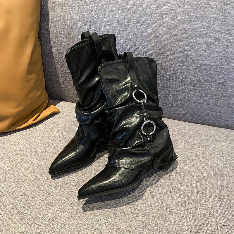 

2025 новые ретро остроносые ботильоны со складками и металлической пряжкой, ботильоны-трубы с толстым каблуком, женские ботильоны-чулки, коричневые широкие ботинки 42 чёрный