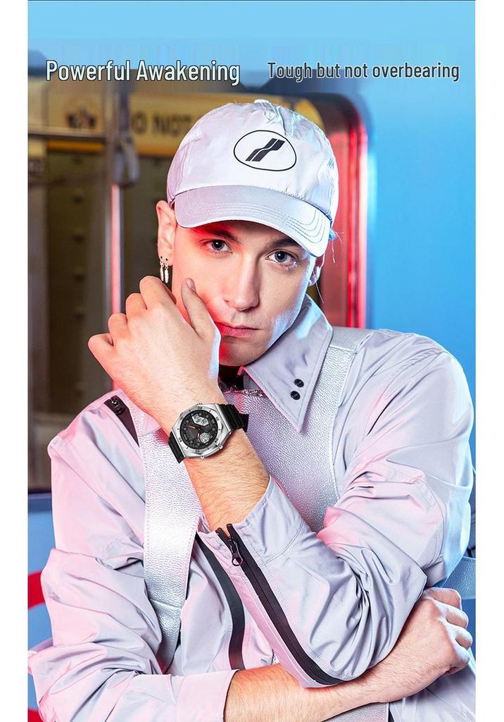 Sanda Men's Trendy Dual Display Casual Watch - Waterproof, Luminous, Octagonal Design with Countdown & Snooze Functions.