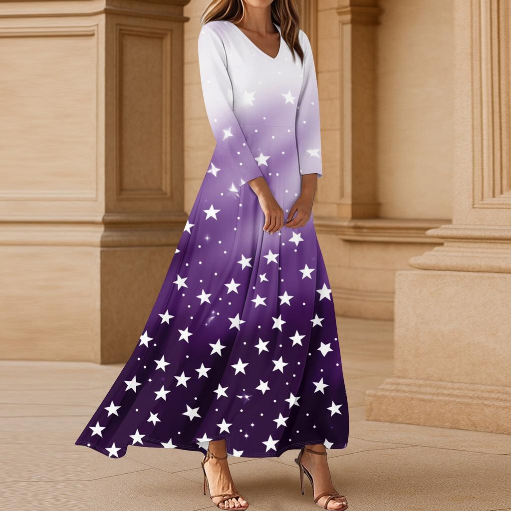 Women's Casual 3/4 Sleeve V-Neck Floral Print Maxi A-Line Beach Dress