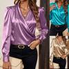 Lantern Sleeve V-neck Satin Shirt, High-end Long-sleeved Solid Color Lady Style Shirt