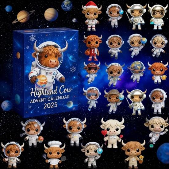 Astronaut Highland Cow Advent Calendar 24 Days Acrylic Ornament Box with Space Themed Surprises Christmas Countdown Decor for Kids