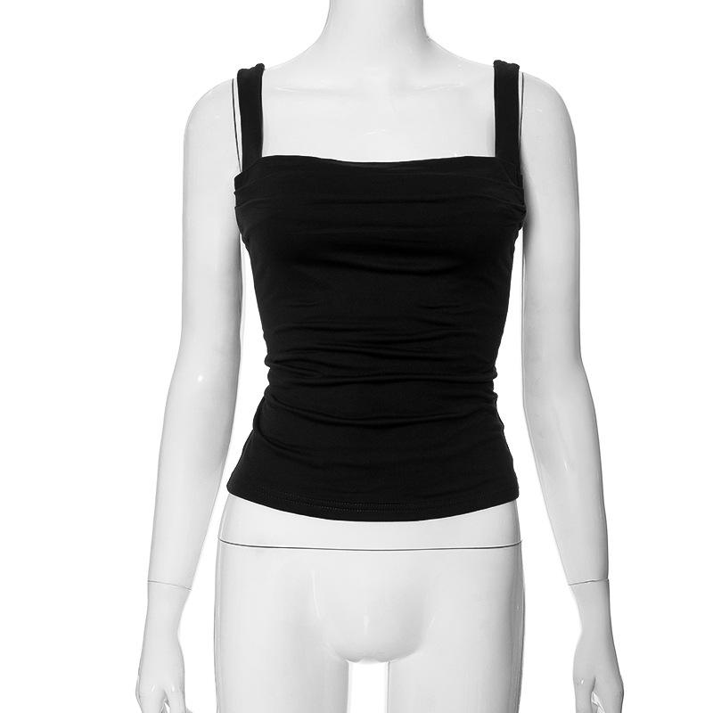 GMXIA Women's Spring Halter Slim Solid Color Patchwork Pleated Halter Vest T-shirt Top