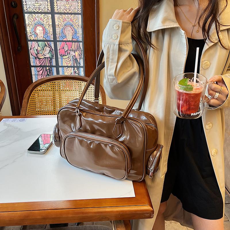 Retro Shoulder Bags For Women Trendy Pu Leather Multiple Pockets Female Tote Bag  New Solid Large Capacity Commuter Handbags