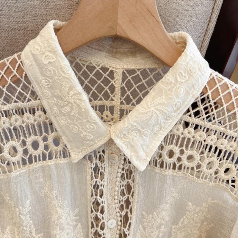 Dimanaf 2025 Nouveau Été Chemise à Boutons Femmes Blouse en Dentelle Broderie Manches Courtes Hauts T-shirts Mode Décontracté Ample