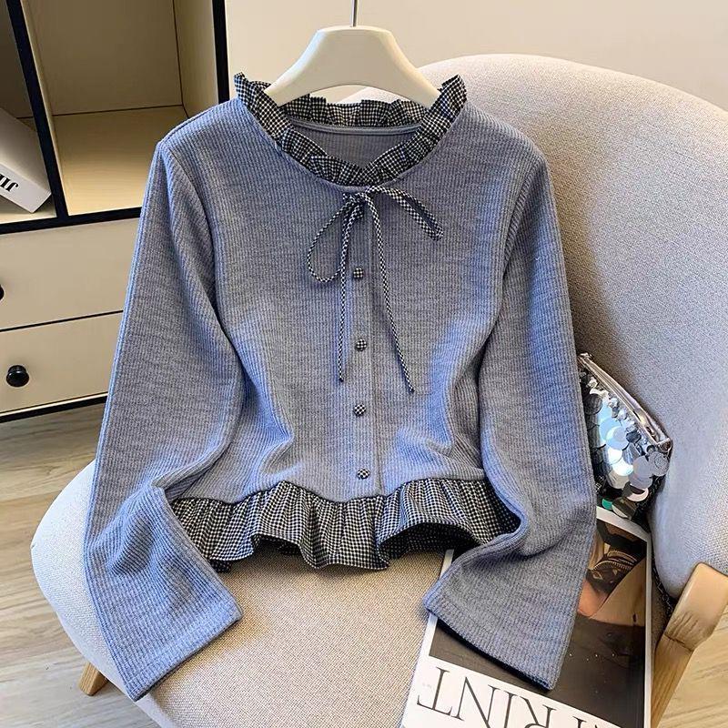 2025 Women's Plaid Patchwork Ruffle Knit Top with Lace-up Collar and Long Sleeves