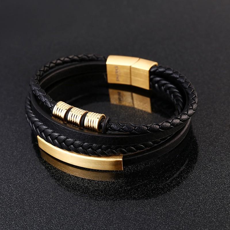 Multi-Layer Braided Leather Bracelet With Stainless Steel Magnetic Clasp Men Geometric Style Fashion Accessory