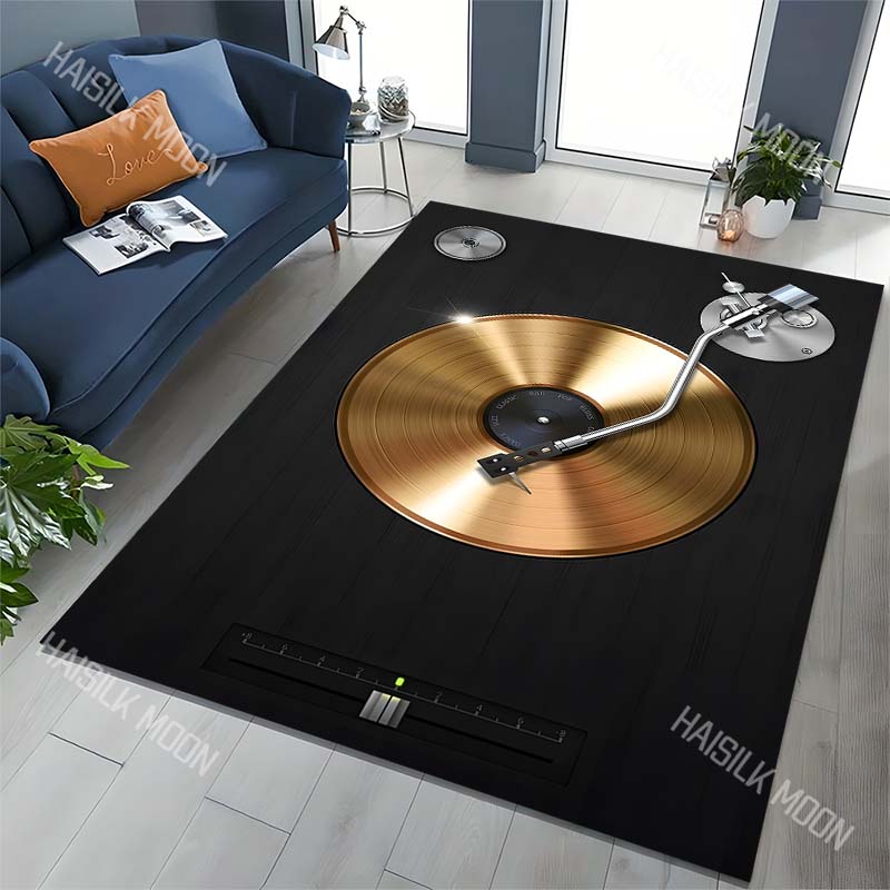 Golden vinyl record turntable tonearm Print Carpet for Living Room Bedroom Sofa Home Decor Rus Non-slip Floor Mat Luxury Gift
