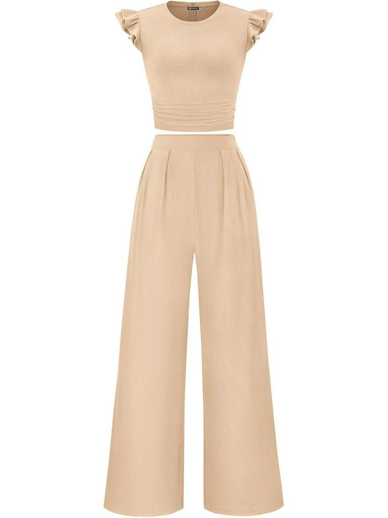 Women's 2026 Summer Solid Color Two-Piece Set with Ruffle Wide-Leg Pants