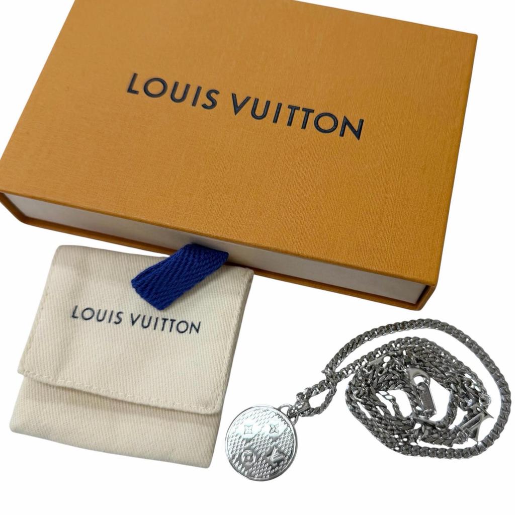Excellent LOUIS VUITTON Necklace Pendant Damier Staple Silver Mens M02446 Used