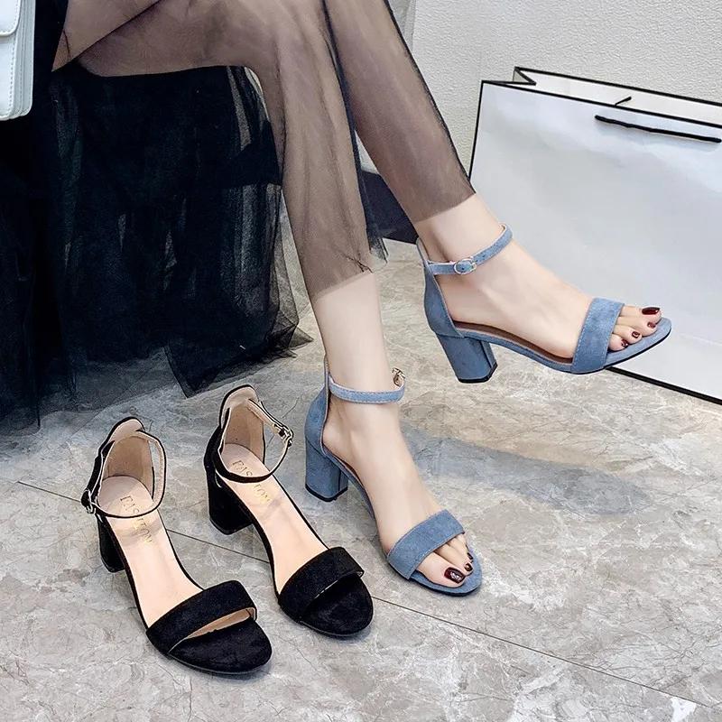 

Fashion 2024 High Heel Sandals Women s Shoes Women s Summer Women s Leather Velvet Open Toe Thick Heel Buckle Bag Heel Size 34-42 Shoes 34