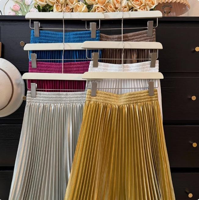 Women's Solid Color Satin Pleated Midi Skirt with High Waist and Flared Hem