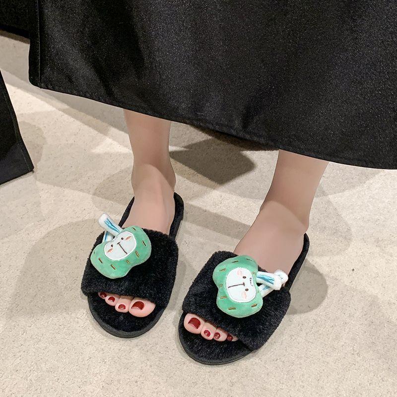 Home indoor one-word open-toed slippers women 2025 autumn and winter cute cartoon plush girl heart cotton slippers women