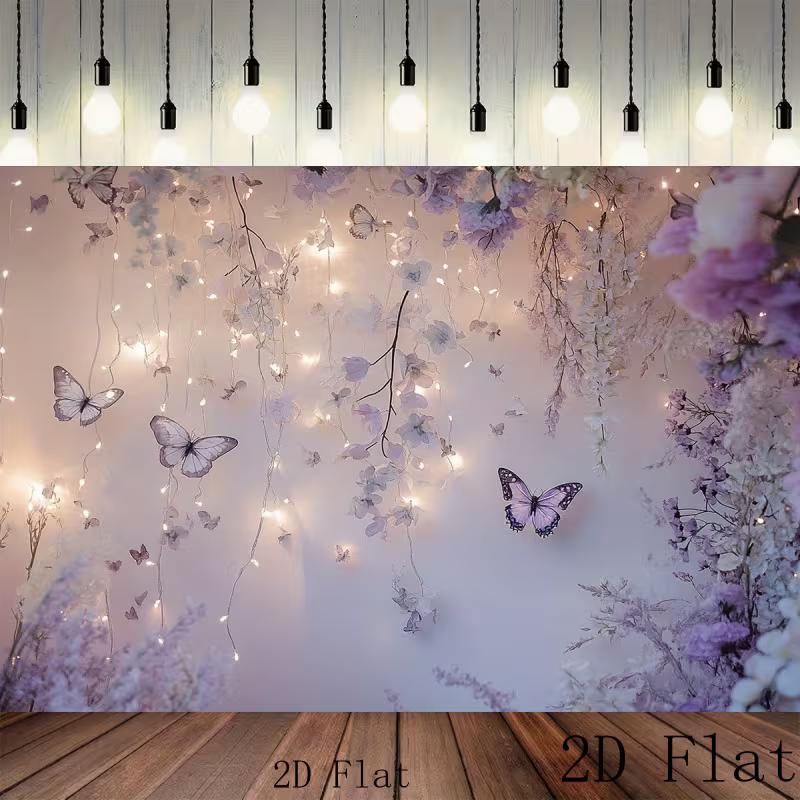 2D Purple Butterfly Backdrop with Fairy Lights Background Cloth 47.2x31.5inch/120*80cm