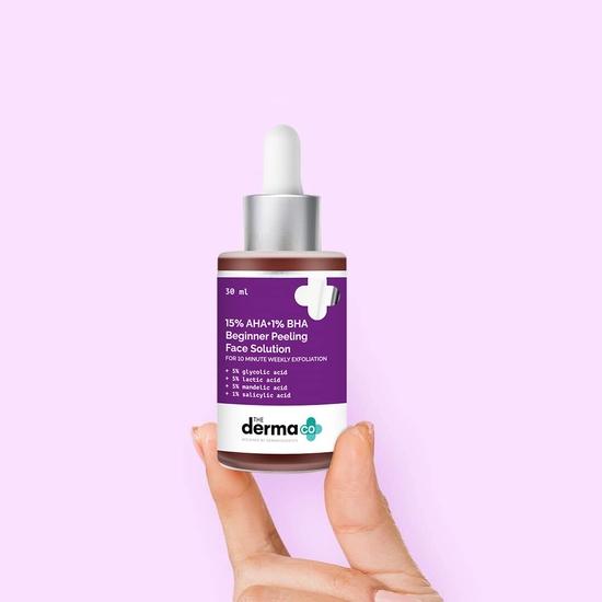 The Derma Co 15 % AHA + 1 % BHA – Reparierende Gesichtspeeling-Lösung für Anfänger, entfernt Unreinheiten für ein 10-minütiges wöchentliches Peeling