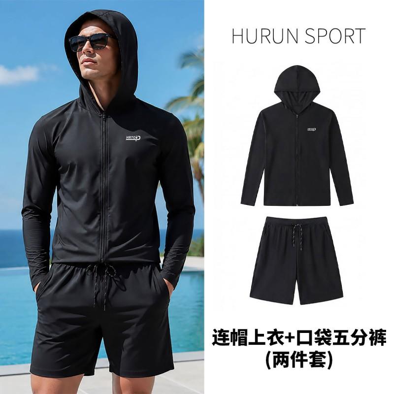 Mens UV Protection Rash Guard Set Long Sleeve Hooded Top Pants Snorkeling Surfing Swimming