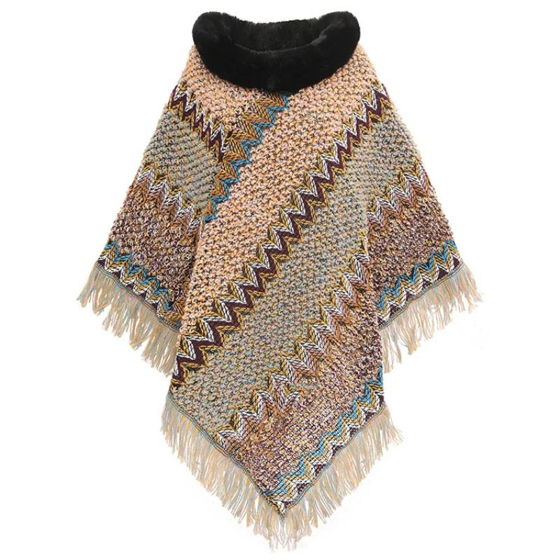 Color Ethnic Style Pullover Cape Women's Fur Collar Women's Knitted Cape Warm Autumn and Winter Shawl