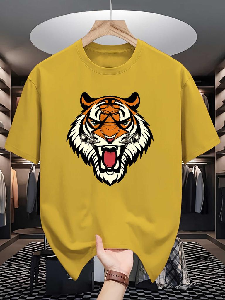 Roaring Tiger Head Print Unisexs Crew Neck T Shirt Wild Beast Cartoon Graphic Short Sleeve Casual Cotton Outdoor Street Tees