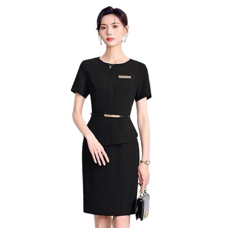 Navy Blue Two-Piece Bodycon Dress - Women's Formal Wear, Seven-Sleeve, Round Neck