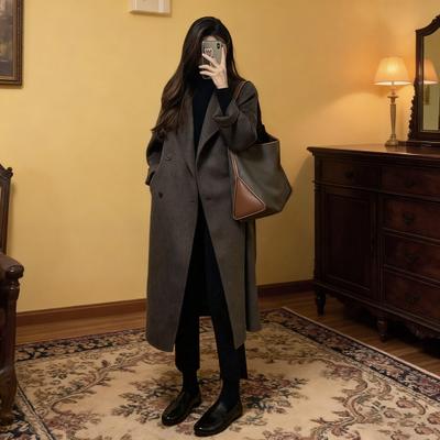 Yousheng Damen Langer Wollmantel Zweireihiger Pea Coat Lässig Langärmlig Revers mit Kerbe Trenchcoat Herbst Winter Übermantel
