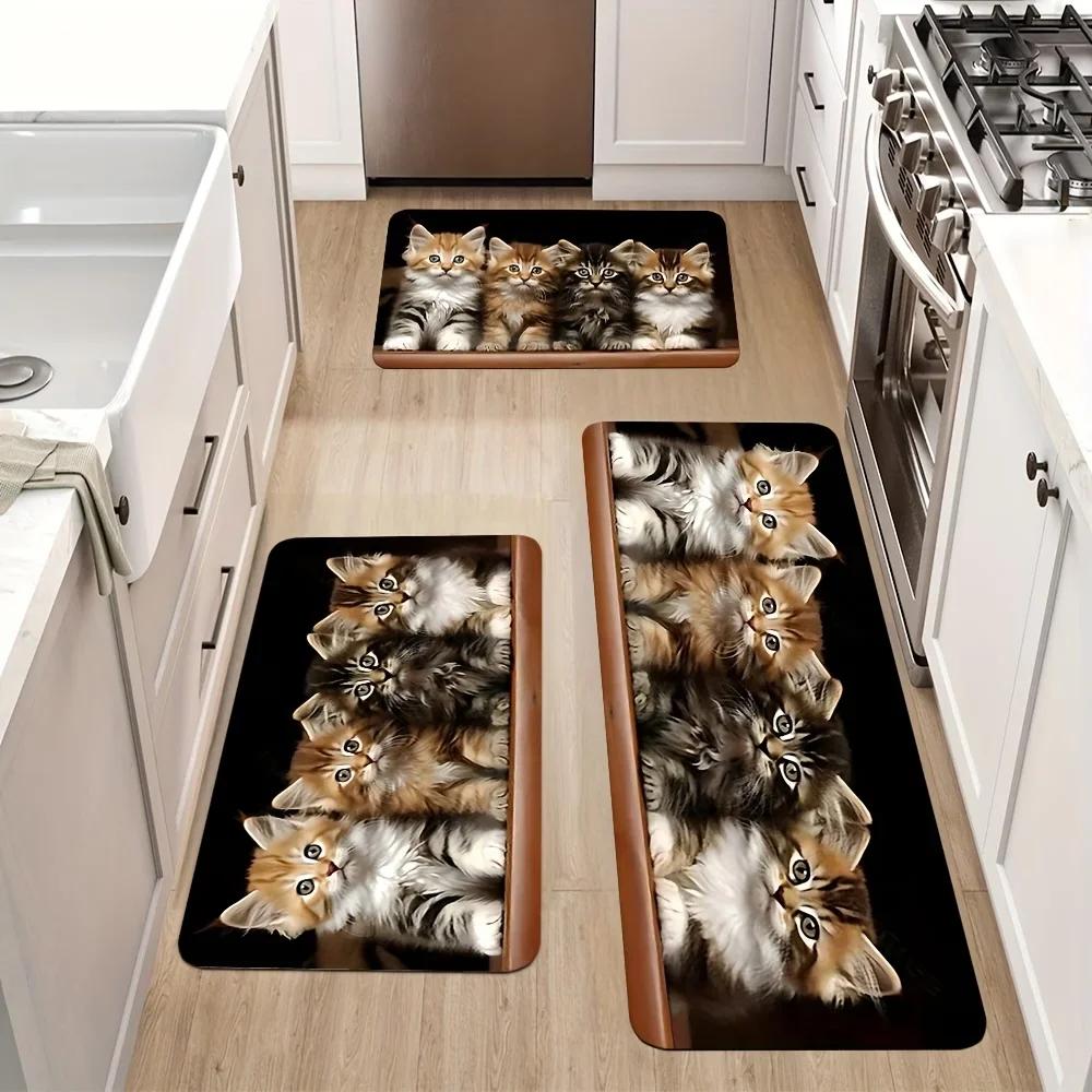 Schattige 3D Kittens Keukenmat Set Antislip Absorberend Wasbaar Vlekbestendig Vloermatten voor Kattenliefhebbers 40cmx60cm
