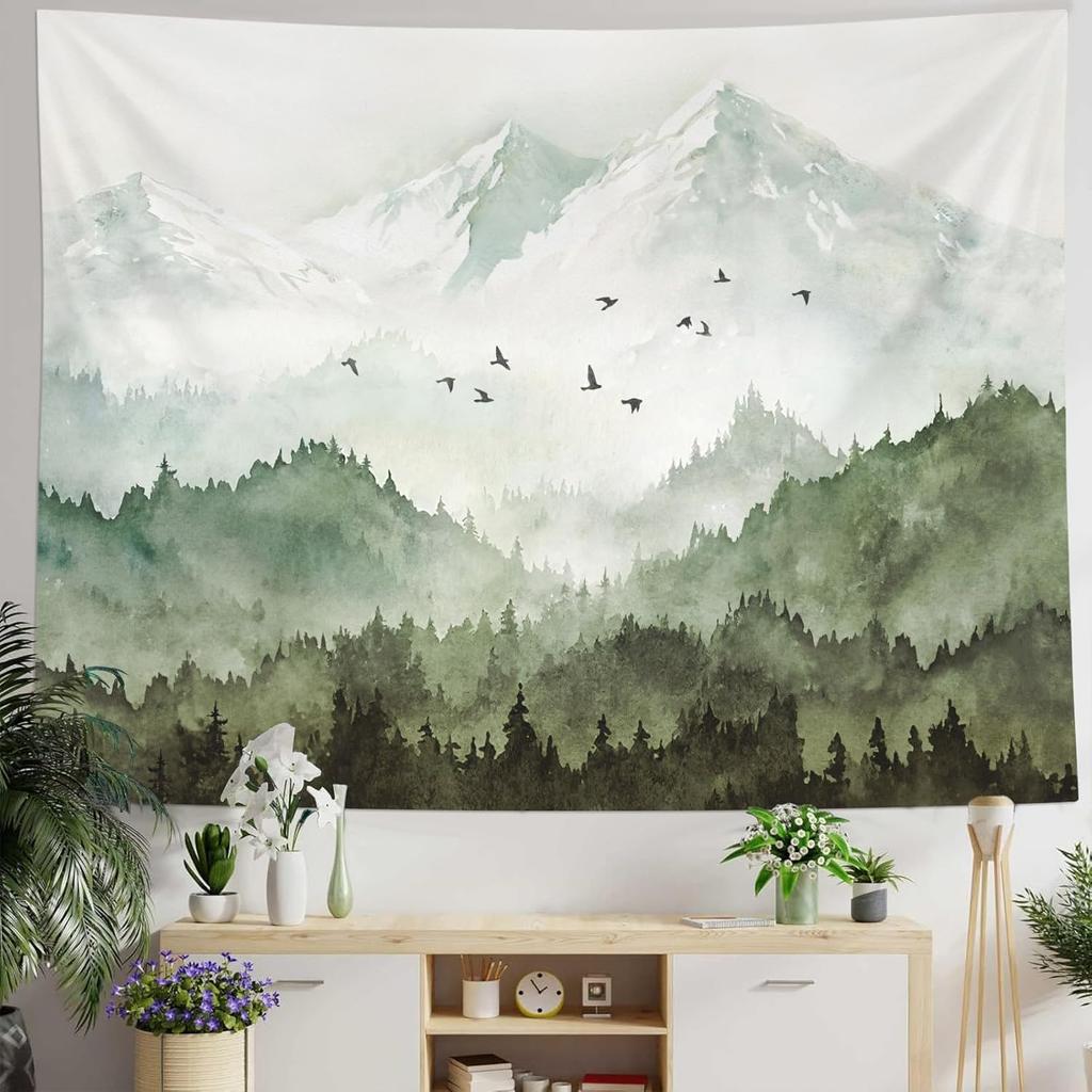 kampdream Mountain Forest Tapestry, Misty Foggy Teal Blue Tree Landscape Watercolor Art Wall Tapestries, Nature Scenery Tapestry