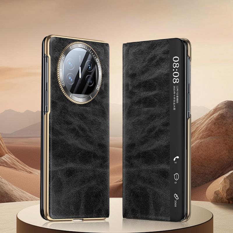 Suitable for Huawei MateX6 Phone Case, Decompression Lens, Tick X5 High-end Smart Window, Electroplated Oil Wax Leather Case