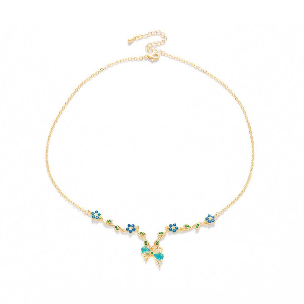 Flower Bow Necklace Pendant Shiny Pendant Chain Delicate Bowknot Rhinestone Necklace  Holiday